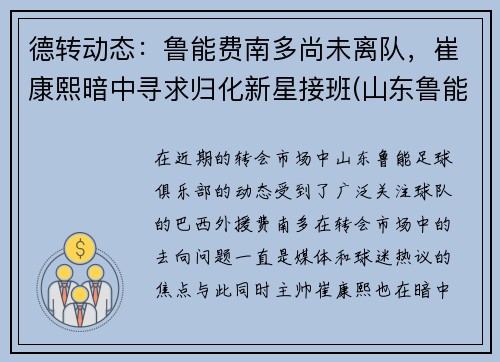 德转动态：鲁能费南多尚未离队，崔康熙暗中寻求归化新星接班(山东鲁能费莱尼)