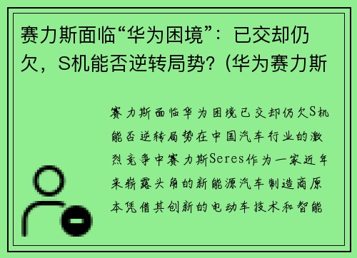 赛力斯面临“华为困境”：已交却仍欠，S机能否逆转局势？(华为赛力斯销量如何)