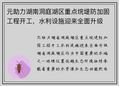 元助力湖南洞庭湖区重点垸堤防加固工程开工，水利设施迎来全面升级