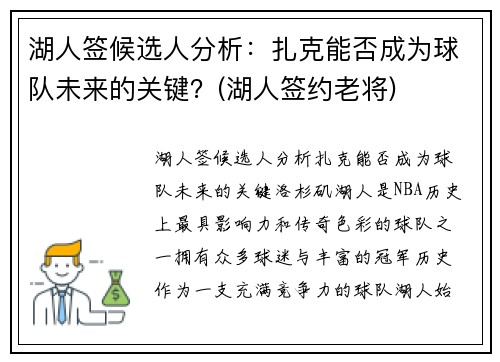湖人签候选人分析：扎克能否成为球队未来的关键？(湖人签约老将)