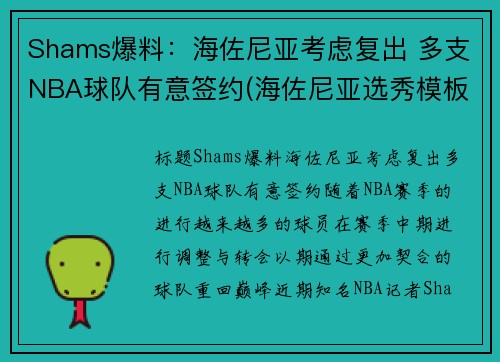 Shams爆料：海佐尼亚考虑复出 多支NBA球队有意签约(海佐尼亚选秀模板)