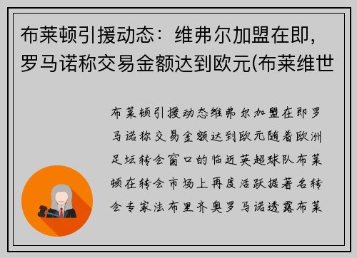 布莱顿引援动态：维弗尔加盟在即，罗马诺称交易金额达到欧元(布莱维世)