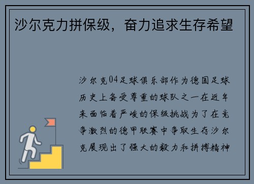 沙尔克力拼保级，奋力追求生存希望