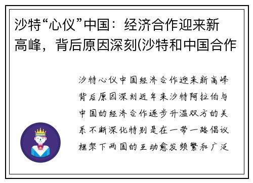 沙特“心仪”中国：经济合作迎来新高峰，背后原因深刻(沙特和中国合作)
