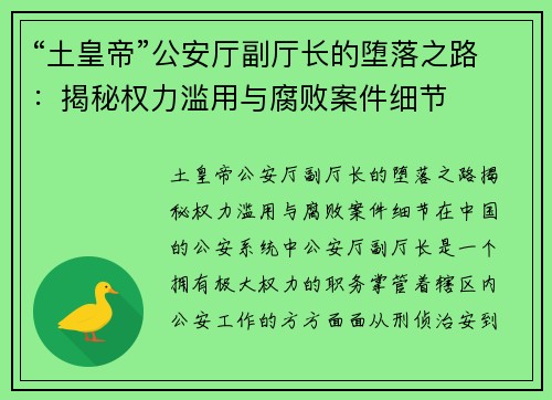 “土皇帝”公安厅副厅长的堕落之路：揭秘权力滥用与腐败案件细节