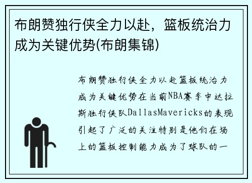 布朗赞独行侠全力以赴，篮板统治力成为关键优势(布朗集锦)