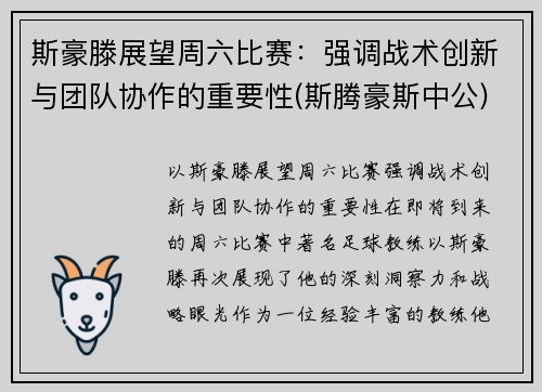 斯豪滕展望周六比赛：强调战术创新与团队协作的重要性(斯腾豪斯中公)