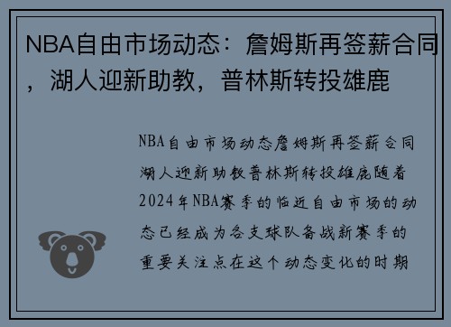 NBA自由市场动态：詹姆斯再签薪合同，湖人迎新助教，普林斯转投雄鹿