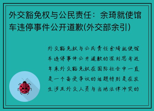外交豁免权与公民责任：余琦就使馆车违停事件公开道歉(外交部余引)