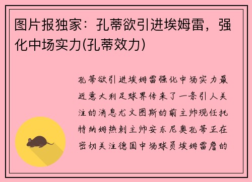 图片报独家：孔蒂欲引进埃姆雷，强化中场实力(孔蒂效力)